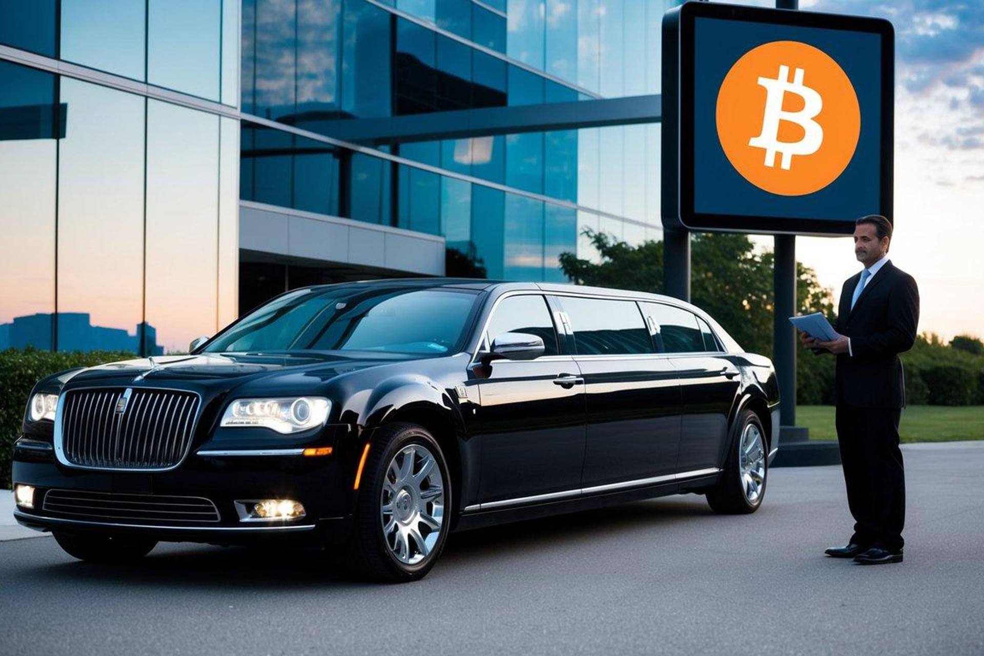 A sleek limousine pulls up to a modern building, with a digital sign displaying the Bitcoin logo. The chauffeur stands by, ready to accept payment