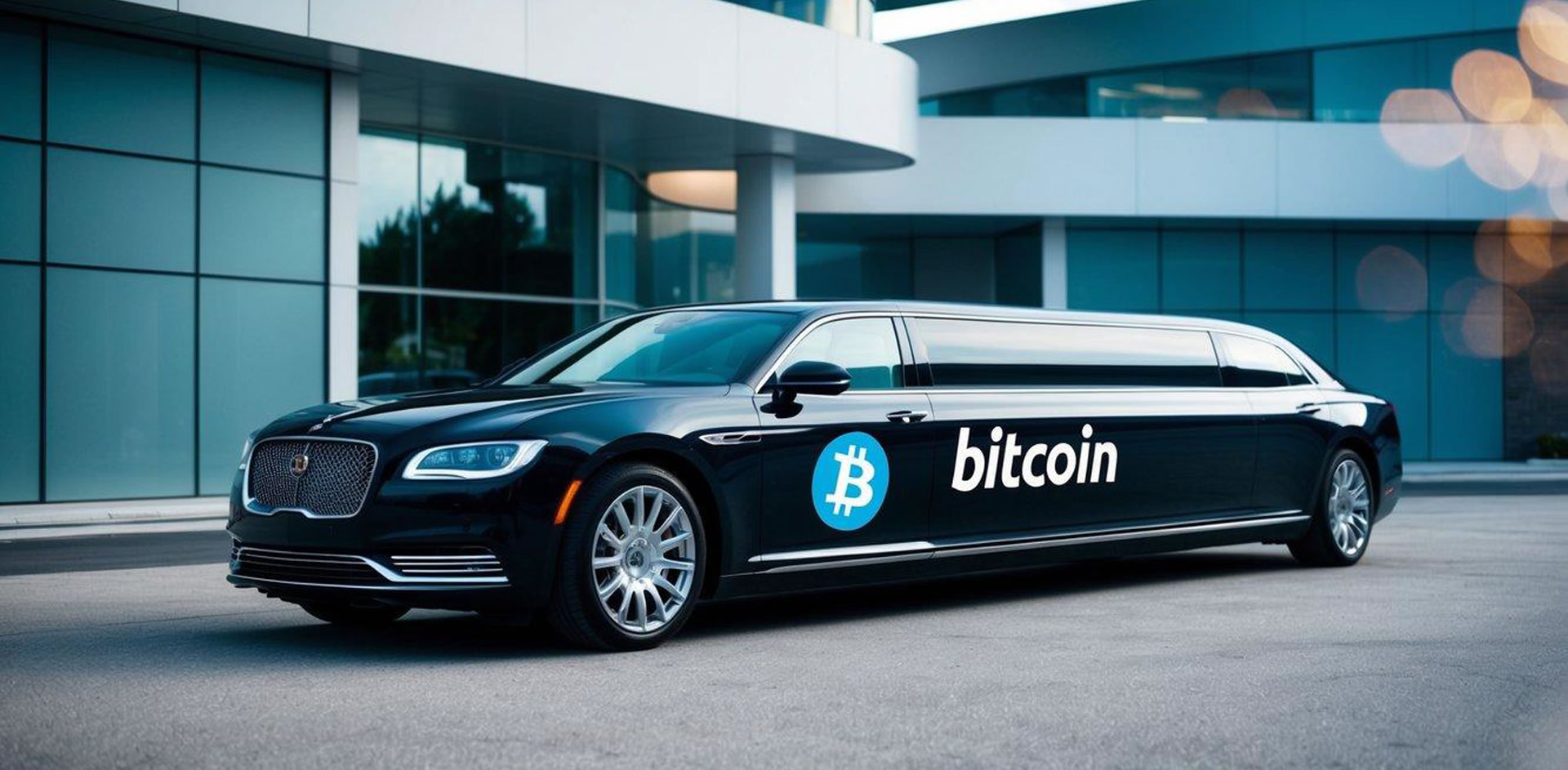 A sleek limousine parked outside a futuristic building, with a digital Bitcoin payment logo displayed prominently on the vehicle's exterior