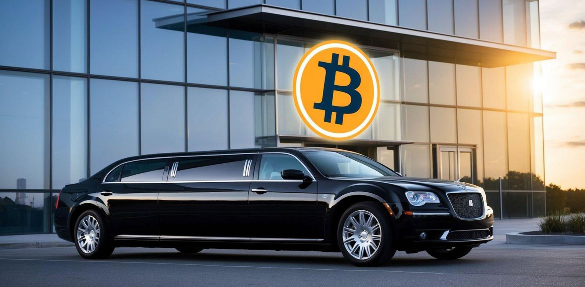A sleek, black limousine pulls up to a modern building, with a digital Bitcoin logo displayed prominently on the door