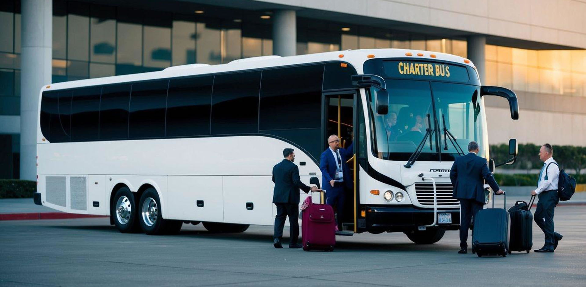 A charter bus parked in front of a convention center in Los Angeles, with people boarding and unloading luggage