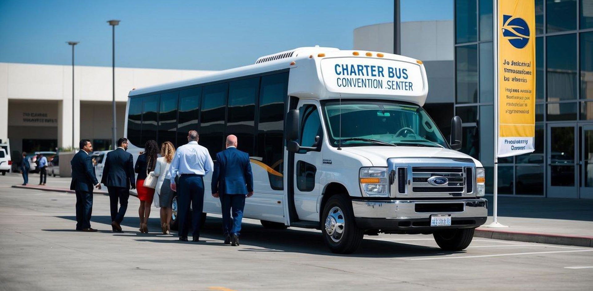 A charter bus parked outside a convention center in Los Angeles, with a group of people boarding and a banner advertising professional transportation services