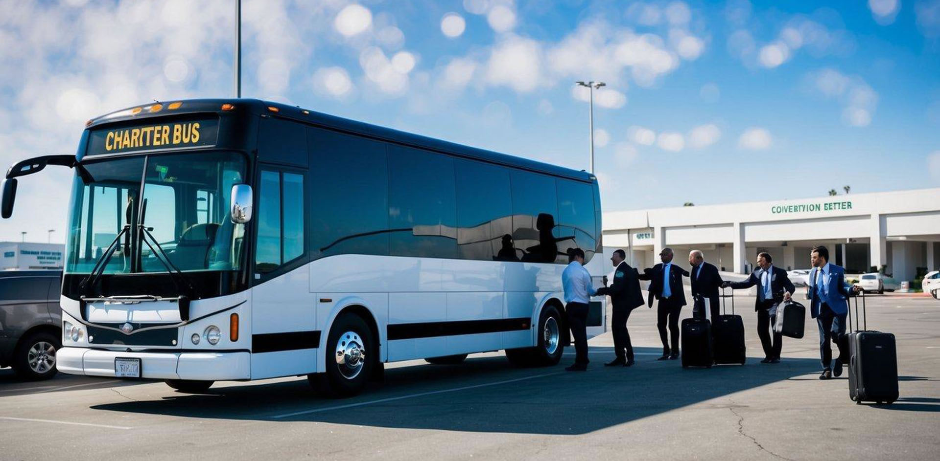 A charter bus parked outside a convention center in Los Angeles, with a group of people boarding and unloading luggage