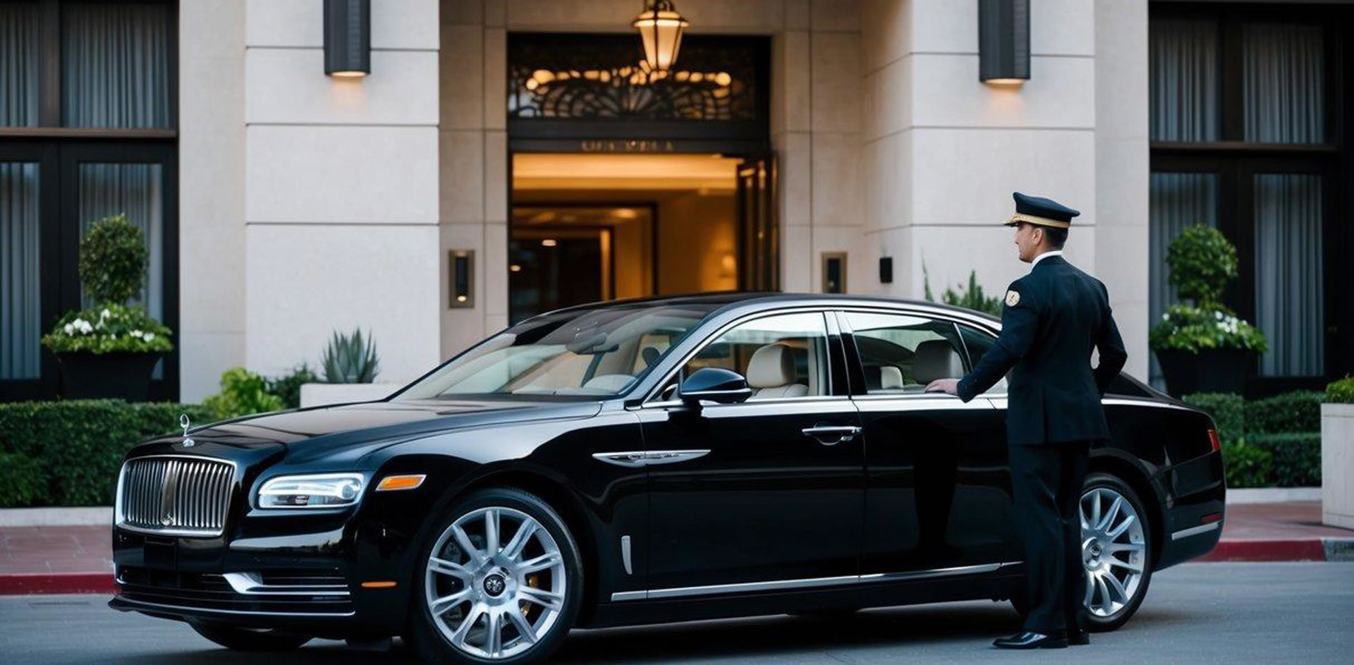A sleek black luxury car pulls up to a grand hotel entrance in downtown Los Angeles, with a professional chauffeur standing by to open the door for a distinguished
guest